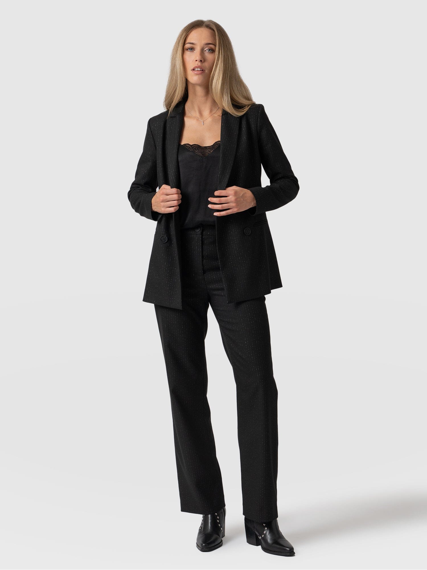 Chester Straight Leg Pant Black Lurex Pinstripe - Women's Trousers | Saint + Sofia® EU